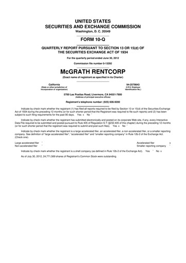 Miniature McGrath RentCorp
 10-Q Rapport trimestriel 2012 
