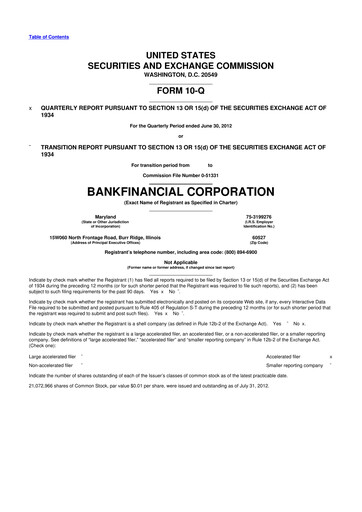 Thumbnail BankFinancial 10-Q Quarterly Report FY 
