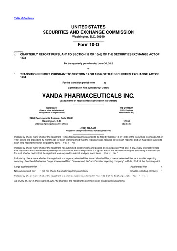 Thumbnail Vanda Pharmaceuticals 10-Q Quarterly Report FY2012 
