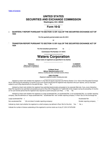 Thumbnail Waters Corporation 10-Q Quarterly Report FY2012 