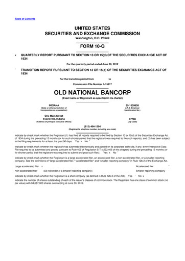 Miniature Old National Bank
 10-Q Rapport trimestriel 2012 