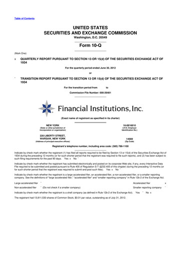 Thumbnail Financial Institutions 10-Q Quarterly Report FY 