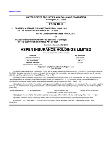 Thumbnail Aspen Insurance 10-Q Quarterly Report FY2012 