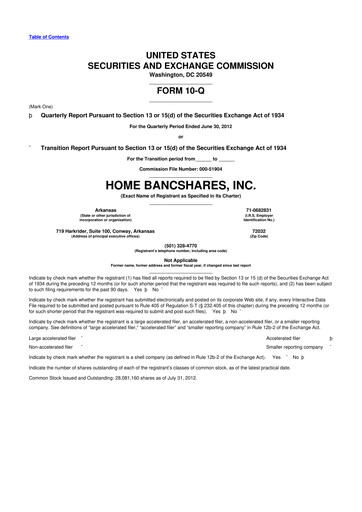 Thumbnail Home BancShares
 10-Q Quarterly Report FY2012 