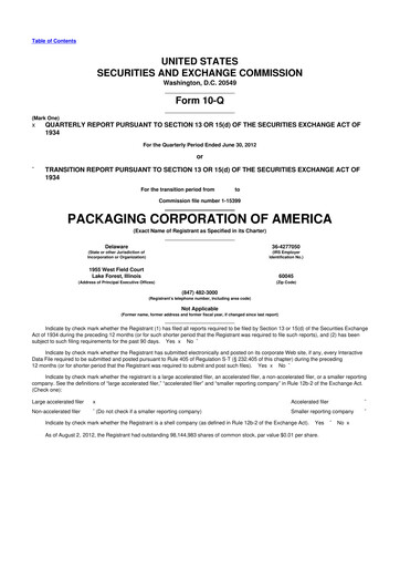 Thumbnail Packaging Corporation of America
 10-Q Quarterly Report FY2012 