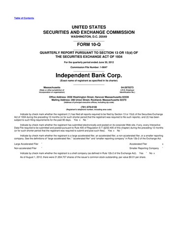 Thumbnail Independent Bank Corp. 10-Q Quarterly Report FY2012 