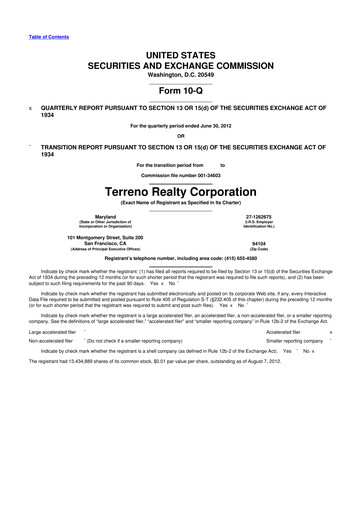 Thumbnail Terreno Realty
 10-Q Quarterly Report FY2012 