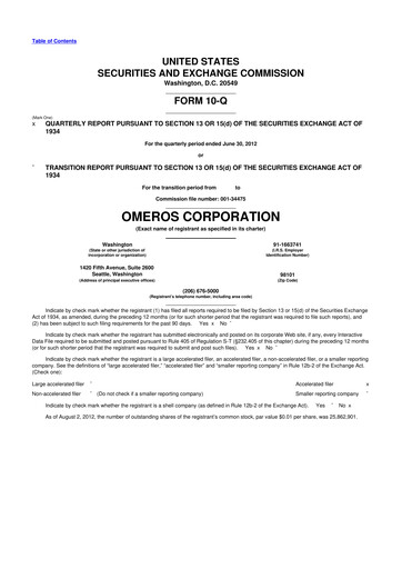 Thumbnail Omeros Corporation 10-Q Quarterly Report FY2012 