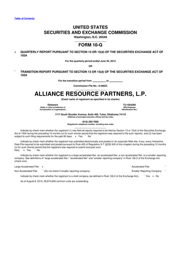 Miniature Alliance Resource Partners 10-Q Rapport trimestriel  