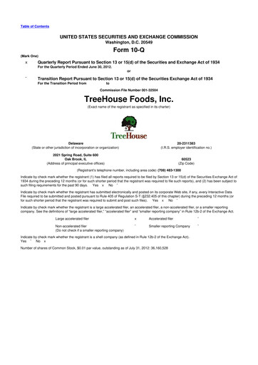 Miniature TreeHouse Foods
 10-Q Rapport trimestriel 2012 