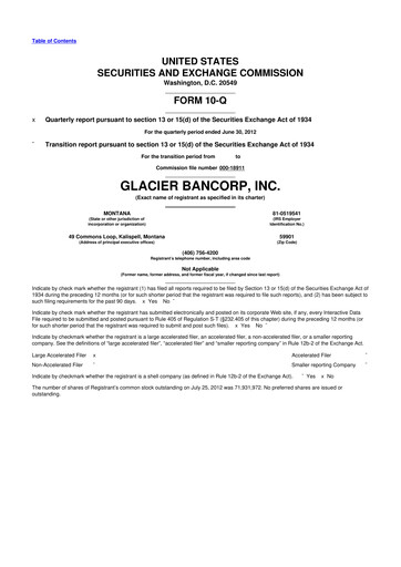 Miniature Glacier Bancorp
 10-Q Rapport trimestriel 2012 