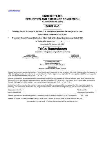 Thumbnail TriCo Bancshares 10-Q Quarterly Report FY2012 