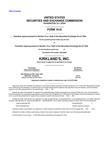 Thumbnail Kirkland's 10-Q Quarterly Report FY 