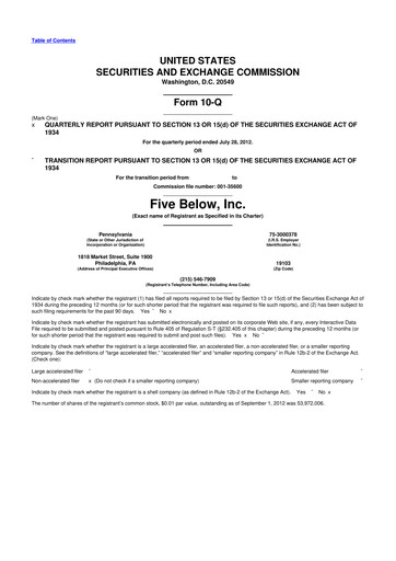 Thumbnail Five Below
 10-Q Quarterly Report FY2012 