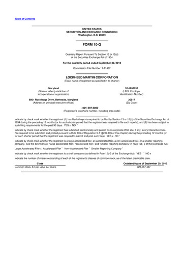 Thumbnail Lockheed Martin 10-Q Quarterly Report FY2012 