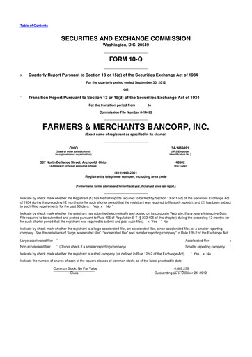 Thumbnail Farmers & Merchants Bancorp 10-Q Quarterly Report FY2012 