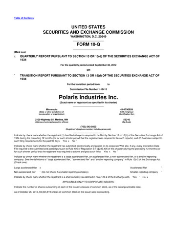 Thumbnail Polaris 10-Q Quarterly Report FY2012 