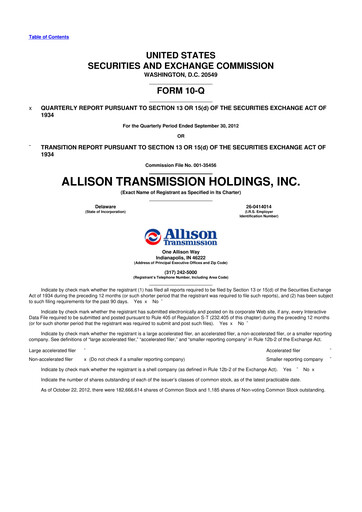 Thumbnail Allison Transmission
 10-Q Quarterly Report FY2012 