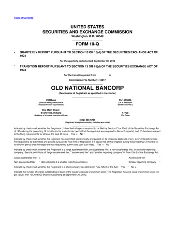 Miniature Old National Bank
 10-Q Rapport trimestriel 2012 