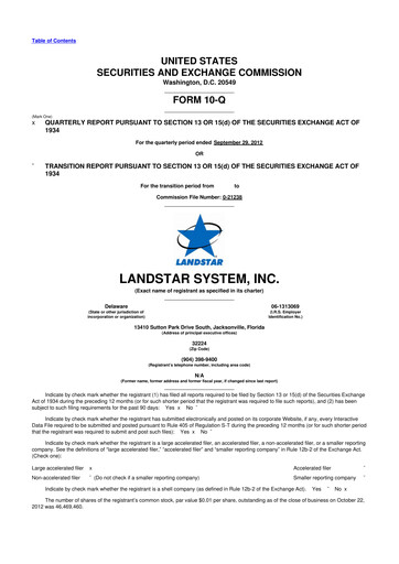 Miniature Landstar System
 10-Q Rapport trimestriel 2012 