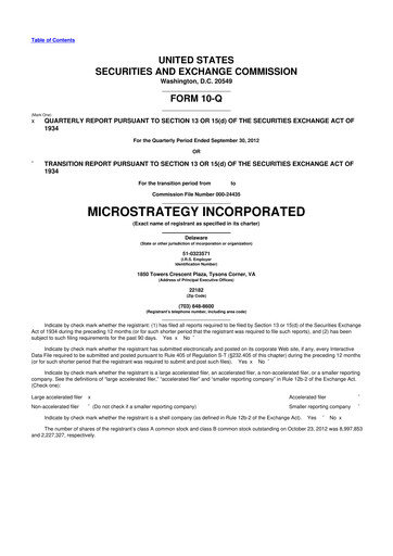 Thumbnail Strategy 
 (MicroStrategy) 10-Q Quarterly Report FY2012 