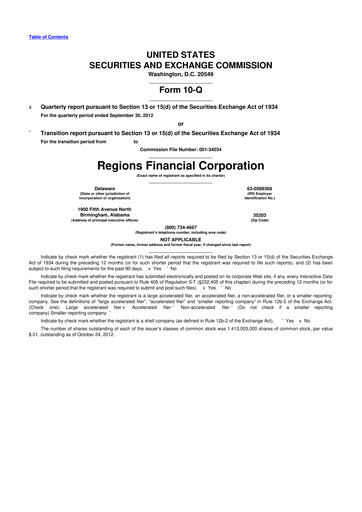 Thumbnail Regions Financial
 10-Q Quarterly Report FY2012 