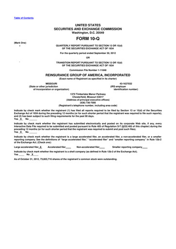 Thumbnail Reinsurance Group of America
 10-Q Quarterly Report FY2012 