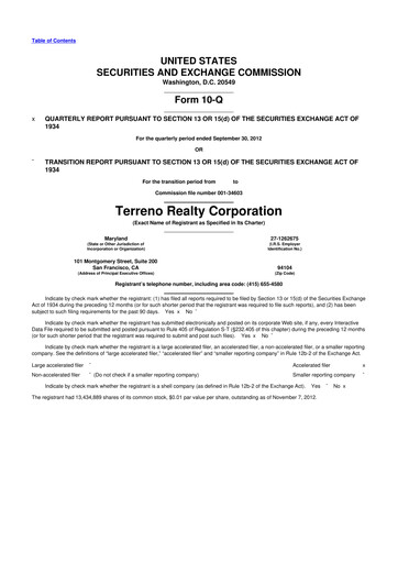 Thumbnail Terreno Realty
 10-Q Quarterly Report FY2012 