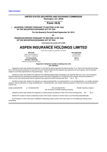 Thumbnail Aspen Insurance 10-Q Quarterly Report FY2012 
