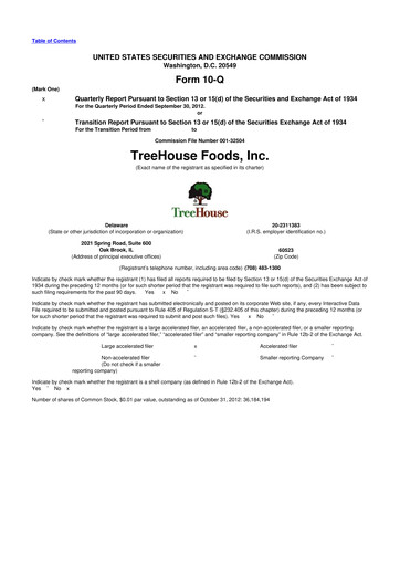 Miniature TreeHouse Foods
 10-Q Rapport trimestriel 2012 