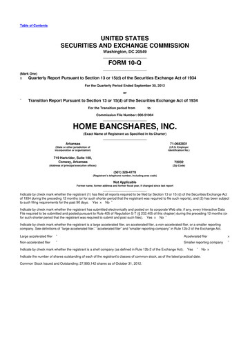 Thumbnail Home BancShares
 10-Q Quarterly Report FY2012 