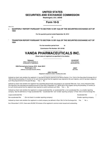 Thumbnail Vanda Pharmaceuticals 10-Q Quarterly Report FY2012 