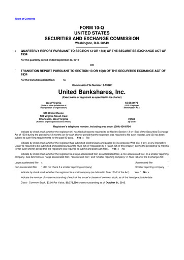 Thumbnail United Bankshares 10-Q Quarterly Report FY2012 