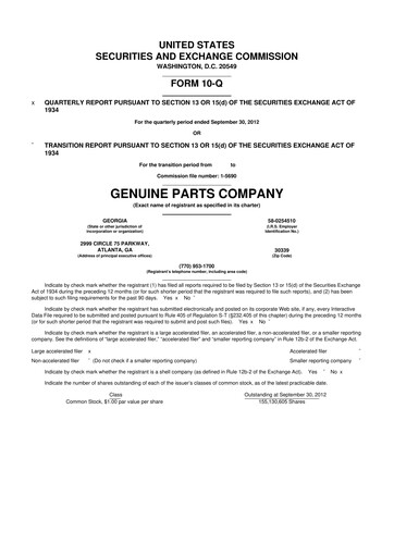 Thumbnail Genuine Parts Company
 10-Q Quarterly Report FY2012 