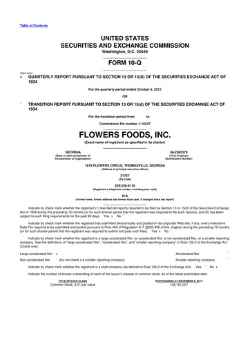 Thumbnail Flowers Foods
 10-Q Quarterly Report FY2012 