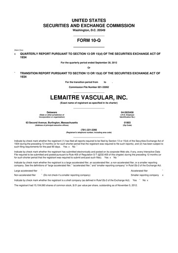 Miniature LeMaitre Vascular 10-Q Rapport trimestriel 2012 