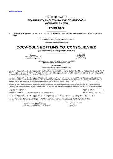 Thumbnail Coca-Cola Consolidated 10-Q Quarterly Report FY2012 
