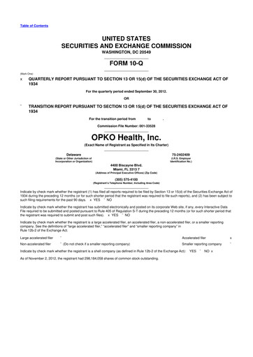 Miniature OPKO Health
 10-Q Rapport trimestriel 2012 