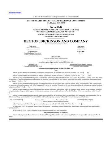 Thumbnail Becton Dickinson 10-K Annual Report 2012