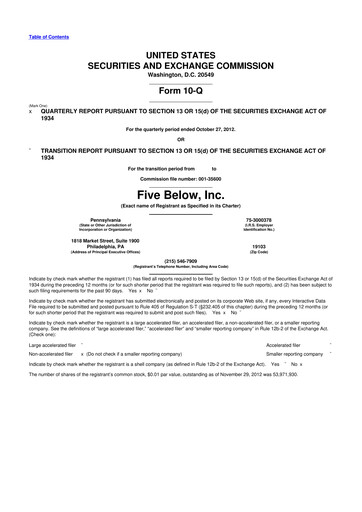 Thumbnail Five Below
 10-Q Quarterly Report FY2012 