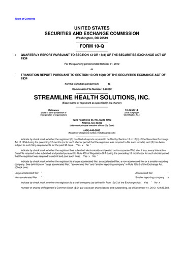 Thumbnail Streamline Health Solutions 10-Q Quarterly Report FY2012 