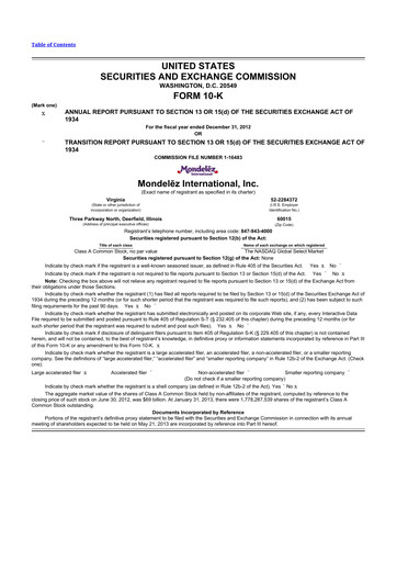 Thumbnail Mondelez International 10-K Annual Report 2012