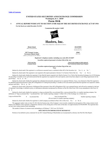 Thumbnail Hasbro 10-K Annual Report 2012