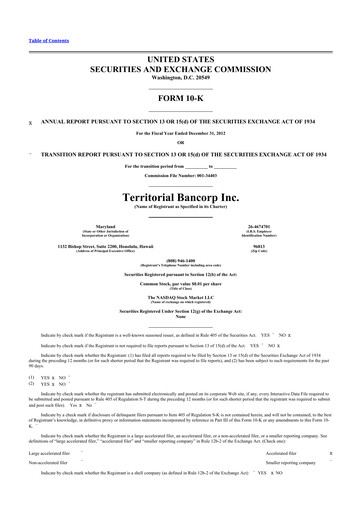 Thumbnail Territorial Bancorp
 10-K Annual Report 2012