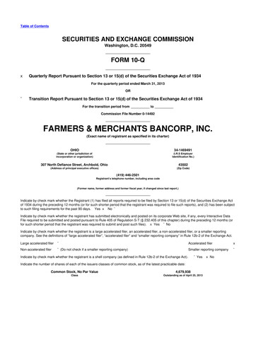 Thumbnail Farmers & Merchants Bancorp 10-Q Quarterly Report FY2013 