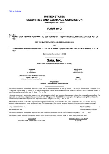 Thumbnail Saia
 10-Q Quarterly Report FY2013 