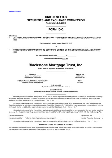 Miniature Blackstone Mortgage Trust
 10-Q Rapport trimestriel 2013 