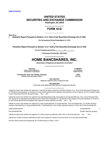 Thumbnail Home BancShares
 10-Q Quarterly Report FY2013 