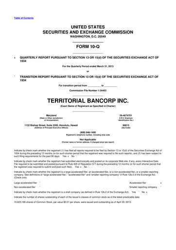 Thumbnail Territorial Bancorp
 10-Q Quarterly Report FY 