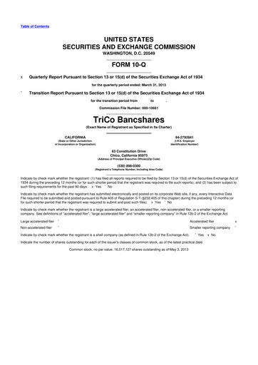 Thumbnail TriCo Bancshares 10-Q Quarterly Report FY2013 